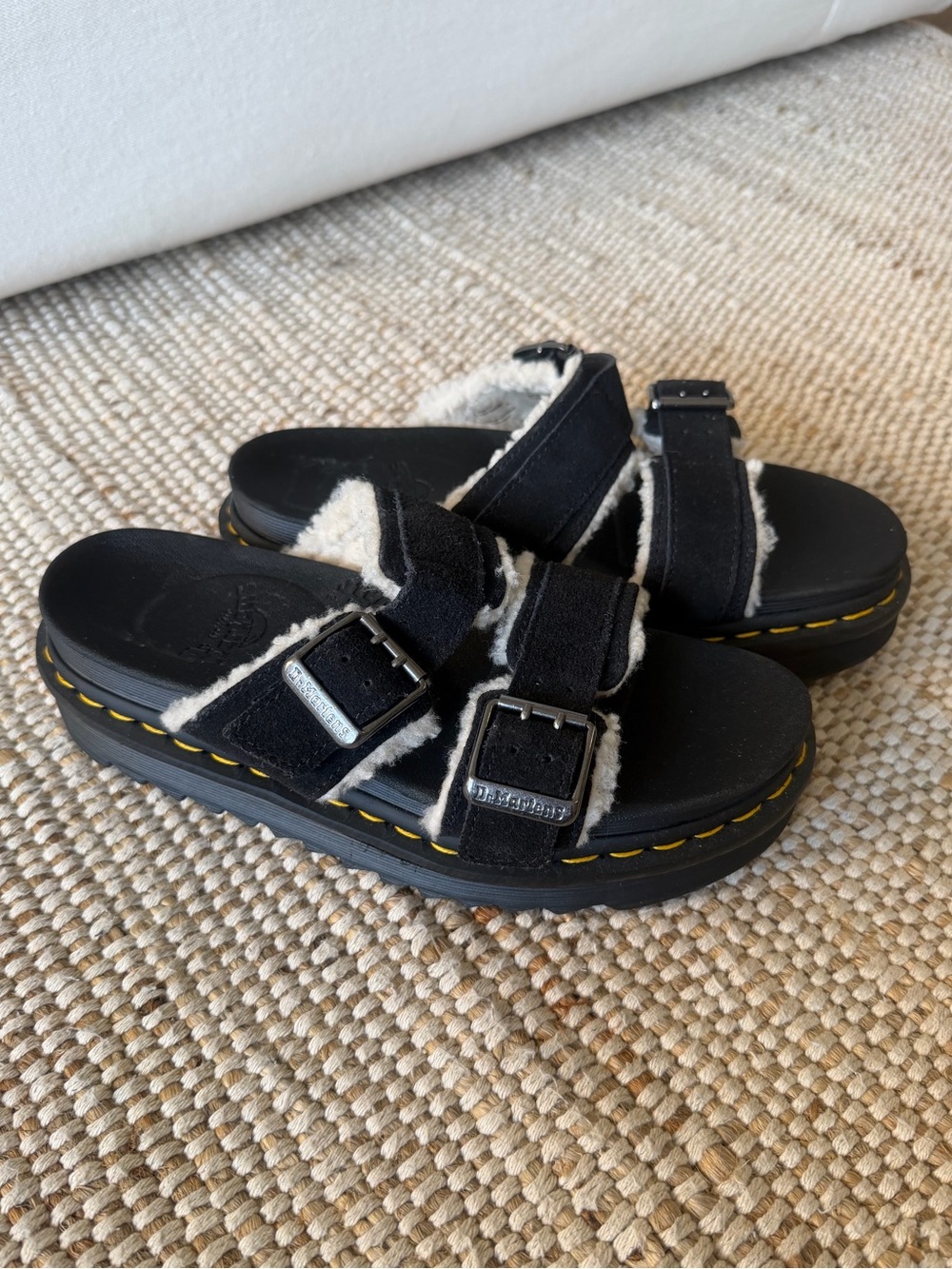 Dr. Martens Myles Suede Fur Lined Slide Sandals in Black